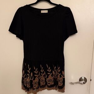 Altar’d State Black Top with Gold Floral Embroidery